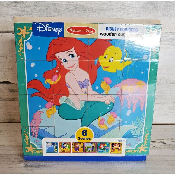 Melissa & Doug Disney Princess Wooden Cube Puzzle w/ Storage Tray 6 Puzzles NEW - Picture 1 of 6